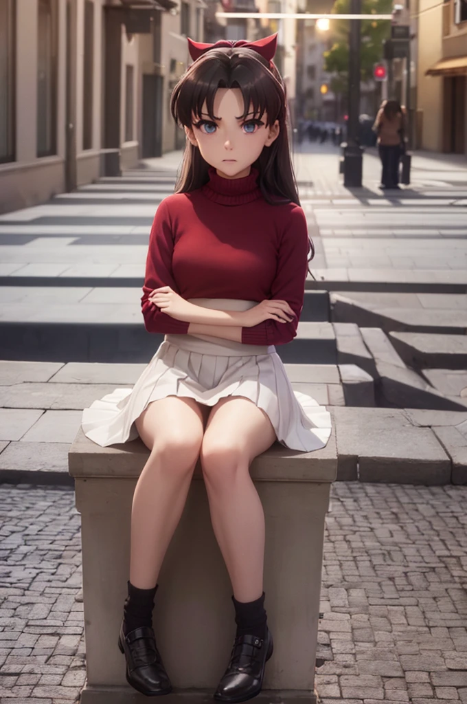 masterpiece, best quality, realistic, 1 girl, giant, giantess, 15 meters tall, long brown hair, braided hair, golden eyes, teary eyes, embarrassed face, blushing, gigantic presence, miniskirt, I have to pee, despair, squatting, legs spread, panties exposed, tight panties, wet panties, urine drops, red female shoes, tiny town, small buildings, correct scale, (giant woman, tiny town)