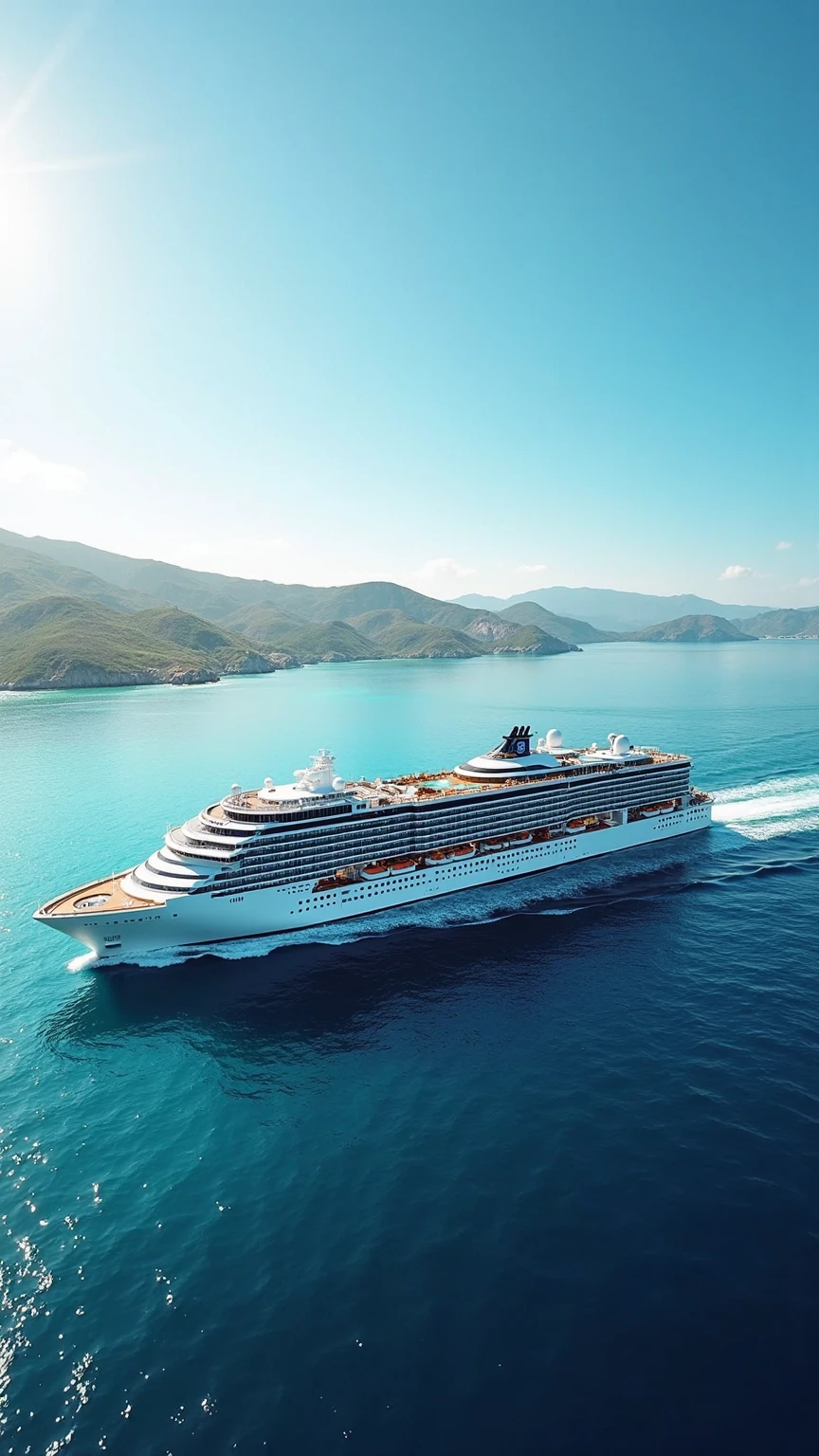 high-resolution photograph of a luxurious modern cruise ship sailing on calm, crystal-clear blue waters under a bright sunny sky, ship featuring sleek, multi-level decks with open lounges, pools, and rows of private balconies, distant shoreline visible on the horizon with green rolling hills and rocky coastlines, adding depth and context to the open sea, lighting natural and vibrant, highlighting the white and navy blue exterior of the cruise ship and the shimmering reflections on the water’s surface, overall mood elegant, adventurous, and serene, evoking the freedom and grandeur of upscale ocean travel. Color palette dominated by deep ocean blues, crisp whites, rich greens from the distant land, and warm golden sunlight, composition places the ship slightly off-center to the right, allowing the vastness of the sea and sky to create a sense of openness, photographic style clean, vivid, and expansive, ideal for luxury travel promotions, cruise line marketing, or destination editorials, smooth water surface with minimal waves enhances the peaceful and effortless feeling of the journey, image captures a perfect, aspirational moment of exploration, leisure, and refined adventure. Gentle gradients in the sky from soft blue to light azure add atmospheric depth, details on the ship, such as windows and railings, sharply rendered, emphasizing precision and modernity, ideal for cinematic establishing shots, promotional posters for luxury vacations, or editorial spreads about dream destinations, scene evokes tranquility, high-end comfort, and the timeless allure of the open sea, designed to inspire wanderlust and sophisticated relaxation.