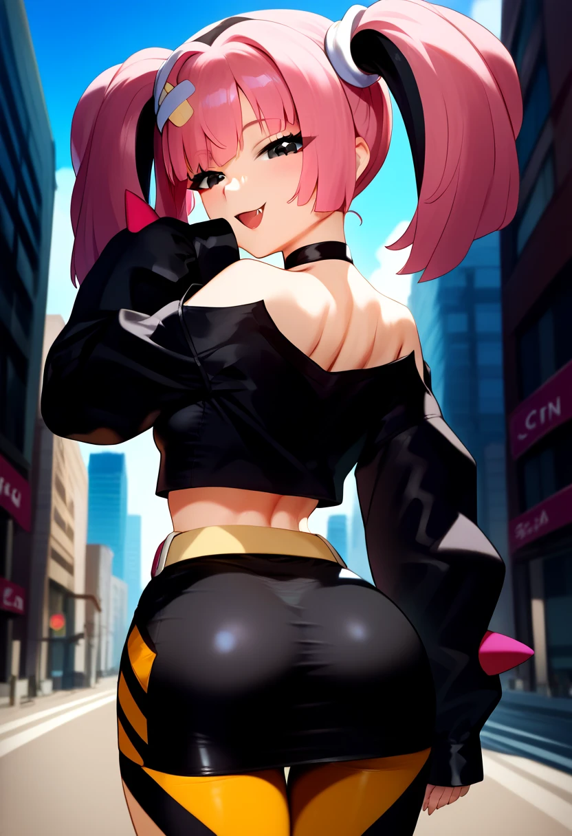 ((1girl)),((alone)), hatsume mei,(masterpiece), (best quality), (ultra detailed), (best illustration), (best shadow), (absurdities), sharp focus, cowboy shot , dynamic posture looking at the viewer, large breasts, narrow waist, wide hips, wide thighs, round butt, erotic, romantic, (very detailed eyes, lips 1.1), very detailed eyes, eyes, Very detailed face, Very pretty face, height full, beautiful slim figure, femininity, expressive appearance, elastic big breasts, sexuality, pink hair, short hair, ((mechanic's protective glasses on the head)), ((sports top:1.3)), ((light pink top: 1.3)),((neckline:1.3)), ((denim shorts:1.3), bare waist, navel ((high panties:1.3)),((short shorts)),(bangs), bare legs,(( symbol-shaped pupils), ((yellow eyes)), ((white sneakers)), black socks, defined body, perfect and beautiful body, perfect and beautiful, closed mouth, smile, happy smile, blushing, (sexy pose : 1.2), ((solo)), standing: 1.3, exterior, cityscape, street, city, night, city lights, looking back ,from behind,((focus on ass)), point of view : (from below), perfect anatomy, perfect hands