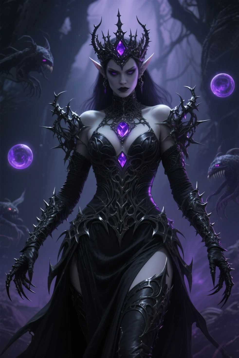 Esoteric arachnids lady, Spider Queen Elise, League of Legends, Esoteric arachnids, Combat Stance, ( body formed from metallic mauveine and metallic black liquid metallic paint twisting into a beautiful interpretation of the female figure), length, Sharp Fangs, nature, ((Complex metallic colors in the foreground)), (( Fluid Mechanics, The most beautiful smooth scale face makeup, Smirking expression)) - Dark blood, Onyxia、Noir painting of a beautiful young witch, length purple hair, dark purple lips, evil, evil female, smile, Black Prom Dress, She is coming to you, close, Bright Blue Eyes, Surrounded by swirling pink smoke, Genuine, High detail, Highest quality、A beastly demon wields a vicious Blade, Blood Chain, Behemoth Bones, Snake-like tentacles, Cruel Teeth, Expressions of madness, Oppressive Dungeon. 8K Vision Reveals Fear, Ultra HD detail makes monsters stand out, Grotesque shadows dance, The creature whispers, Stifling atmosphere, Vision problems, Visible Madness. Blade, A flash of evil intent shines, reflect (Light) Beyond the Darkness, Elucidate (Sharp details) and、Add a dizzying dimension to the impending chaos.