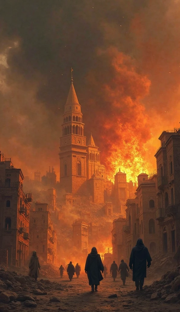 Destruction of Jerusalem in the siege of 70 AD in comic drawing, dramatic effects, flames, houses being destroyed, people fleeing, swords, death, scene of total destruction, low vision