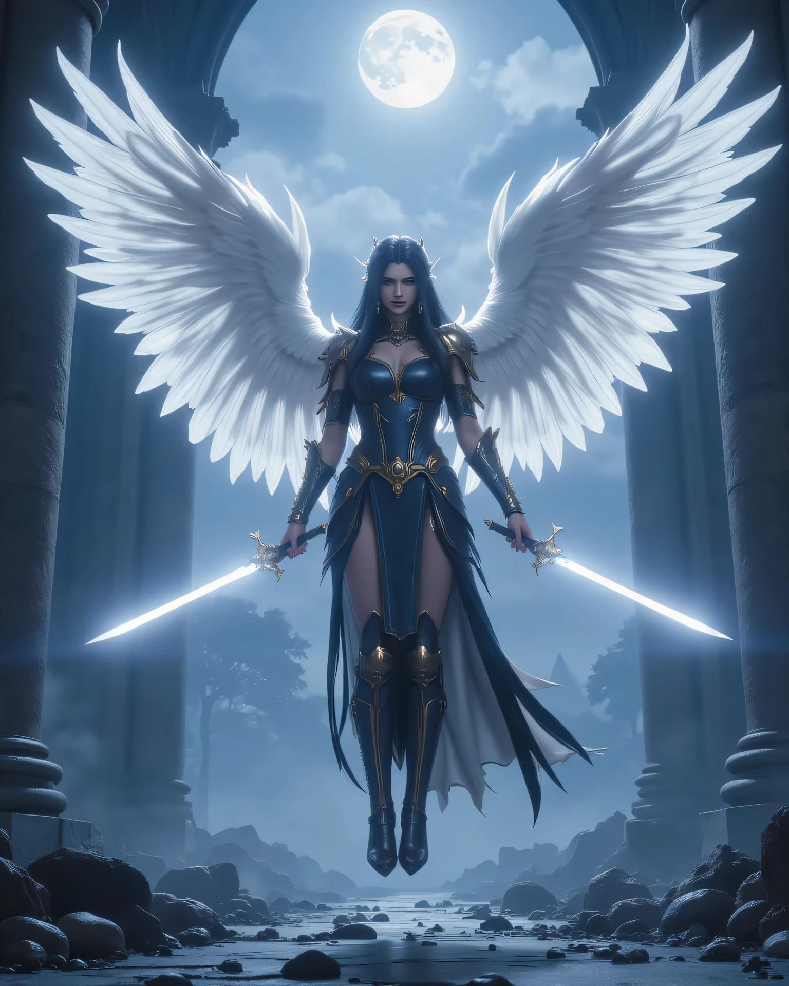 Fantasy winged warrior with long dark hair adorned with gold and black armor, wielding glowing swords, levitating in an ancient, mysterious ruin under a moonlit sky. Majestic white wings are spread wide, and the towering architecture creates a dramatic and mystical atmosphere. The low angle shot with moon as backdrop gives a powerful and ethereal feel.