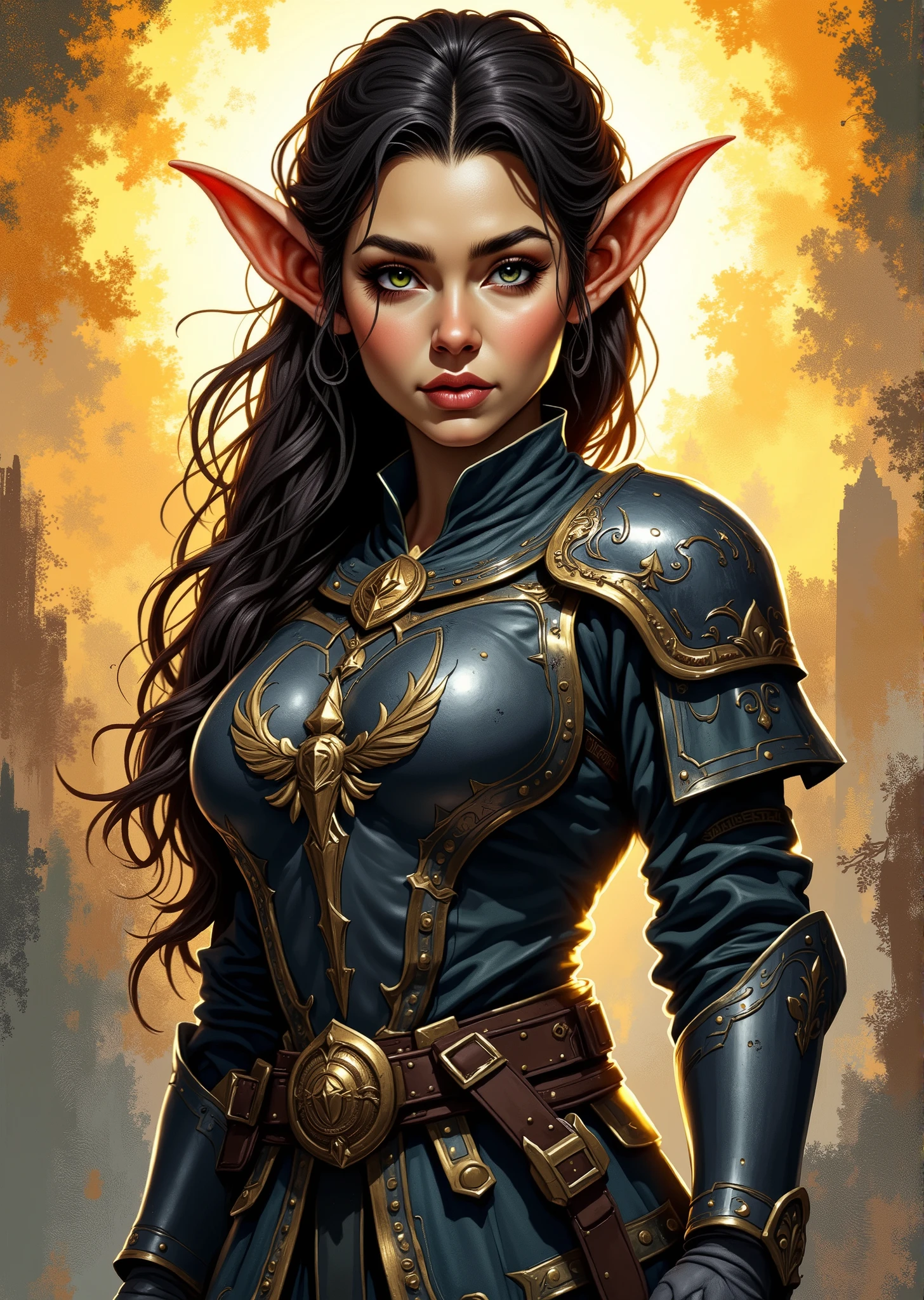 An extremely detailed comic book illustration of a stunningly beautiful extremely curvaceous Gnome from Dungeons and Dragons petite magical folk with big eyes and pointed ears created by gods of invention and illusion seldom seen by other folk due to the gnomes' secretive nature and their propensity for living in forests and burrows making up for their small size with the cleverness trained as a Dungeons and Dragons Paladin who has sworn the Oath of Devotion whose source of power turns a devout warrior into a blessed champion mastering a variety of weapons and armor secondary only to their magical power they wield the power to heal the injured smite the evil and protect the helpless living their lives on the front line against the cosmic struggle against annihilation meeting the archetype of the knight in shining armor held to the highest standards of conduct and sworn to the ideals of justice and order incorporating images of angelic wings into their helmets and coats of arms wearing a dark armored chest plate intricately designed with etchings that suggest both elegance and strength with a prominent central emblem wearing long sleeves that extend to her wrists with protective gauntlets made of a sturdy metal a segmented skirt-like armor that allows for movement while still offering protection which are layered and made from a combination of metal and fabric with darker tones that complement the upper armor in an art style inspired by Frank Miller and Conan the Barbarian. This outfit not only emphasizes her role as a protector but also showcases her individuality and strength. The Background is awash in textured brushstrokes of brilliant dawn shades. Standing in a dynamic action pose. Trending on Art Station.