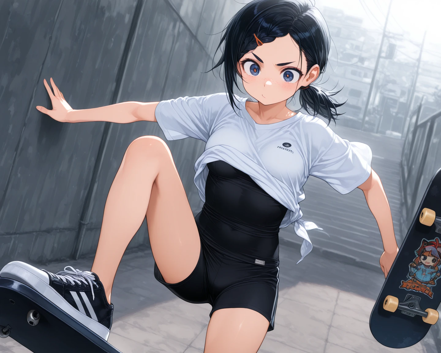 (solo short girl standing on school field), (very short tight brm), gym uniform, (bending back:1.4), (show off cameltoe for viewer:1.4), (bouncing unaligned disproportionately large breasts), school buildings in background