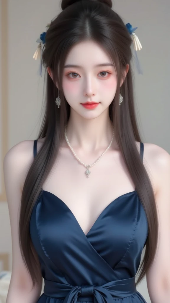 Best quality, masterpiece, high resolution, 1girl, porcelain dress, hair accessories, necklace, jewelry, beautiful face, on the body, Tyndall effect, realistic, dark studio, edge lighting, two-tone lighting, (high detail skin: 1.2), 8k UHD, dslr, soft light, high quality, volumetric light, candid, photo, high resolution, 4k, 8k, background blur,