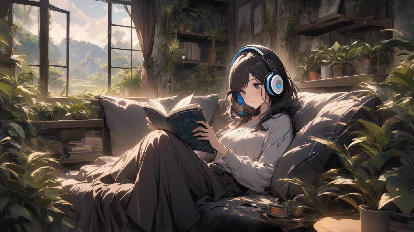 Girl wearing headphones in her room、With a cup of coffee、reading a book、The background is a night city