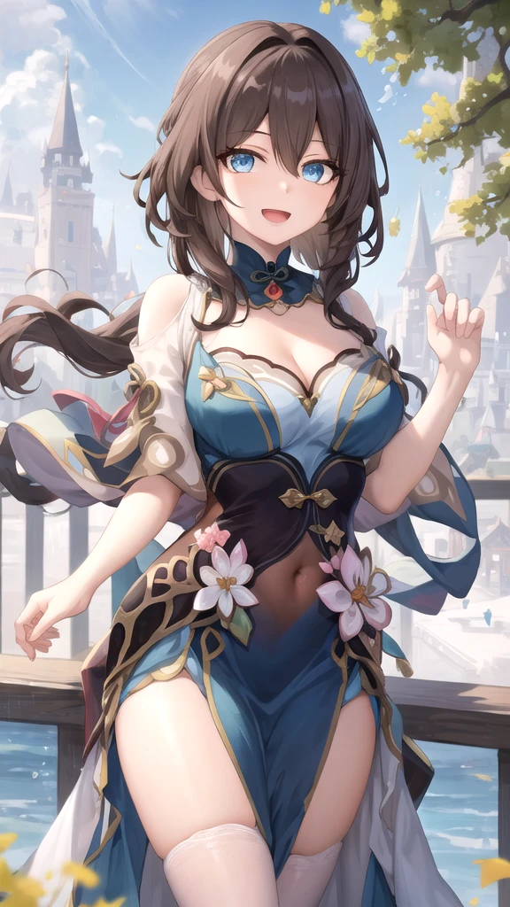 Beautiful beautiful girl, Androideighteen,  ((off the shoulders)) updo hair, clevage, full body, split up to pelvis, cerr blossoms, bright sunny day, ????? anime, frills and ribbons, gold jewelry