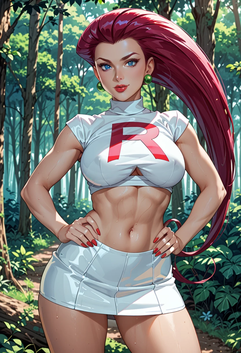 Generate an illustration of a mature jessie, ((pokemon)), dark red hair , (aletta ocean face), de terno preto, (bikini:1.3), long hair, hair combed back, (gigantic breasts:1.4), in anime format with a serious style, (transparent sash around waist), ((white and black bikini)), black boots, gothic make up, masterpiece, ((dark lighting)), black background, (puffy lips),((slendered abs)), beautiful face,