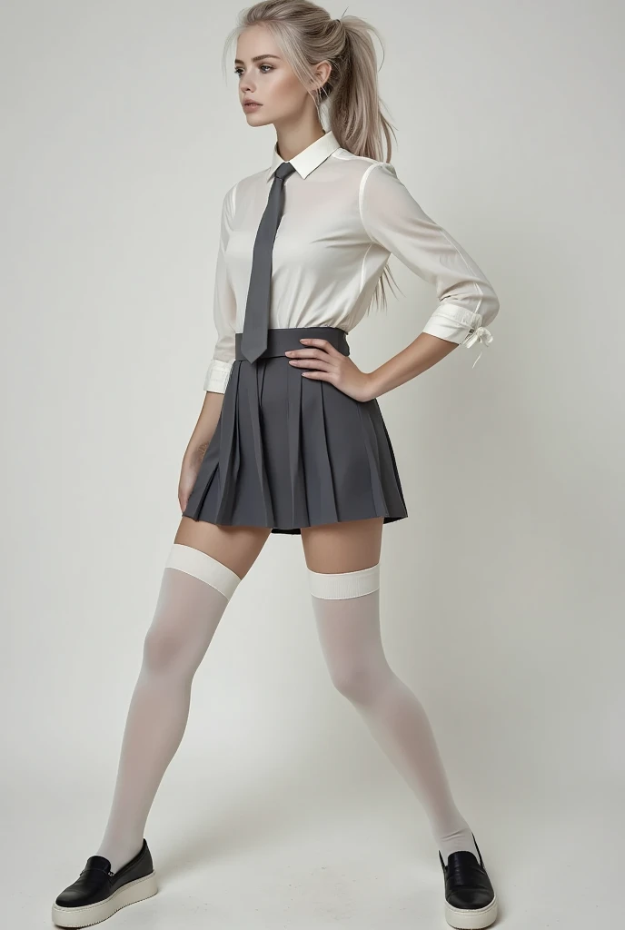 Teen Emma Watson, Stunning proportions, best quality, big long legs, arms touching hips, long curly hair, head bow, SUPER REALISTIC FULL DETAILED WHITE PANTYHOSE  HOSIERY, one anckel jewelry, Big breast, open legs, sensual looking face, 16k resolution, highest quality, realistic, photo realistic, 16k, elbow nylon gloves, miniskirt 
