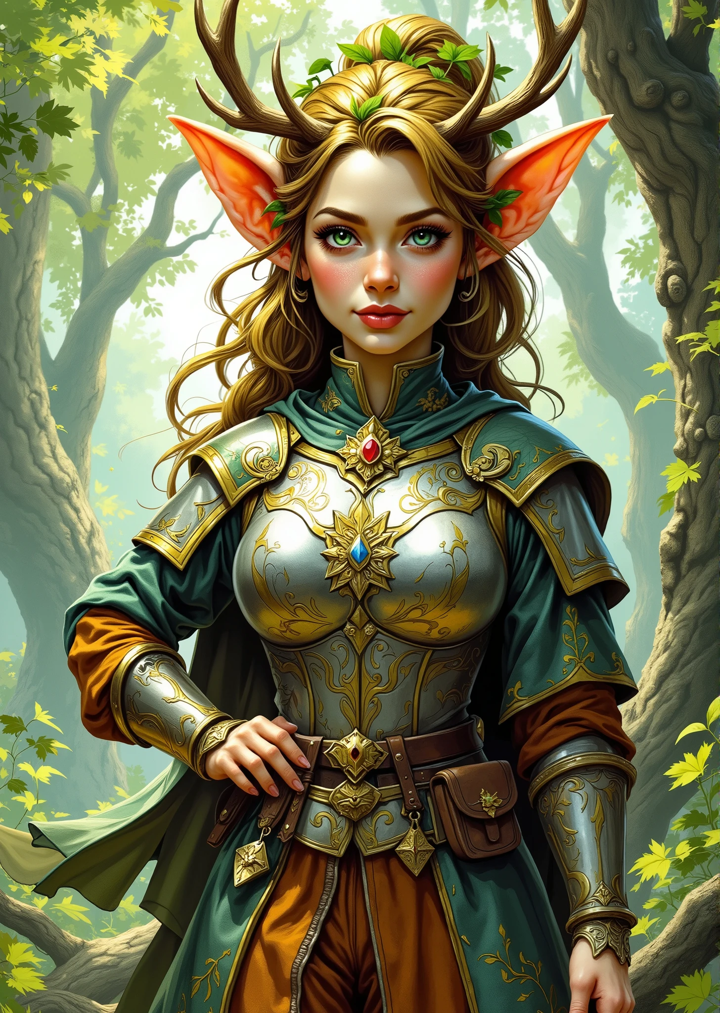 An extremely detailed comic book illustration of a stunningly beautiful extremely curvaceous Gnome from Dungeons and Dragons petite magical folk with big eyes and pointed ears created by gods of invention and illusion seldom seen by other folk due to the gnomes' secretive nature and their propensity for living in forests and burrows making up for their small size with the cleverness trained as a Dungeons and Dragons Paladin who has sworn the Oath of Ancients whose source of power turns a devout warrior into a blessed champion mastering a variety of weapons and armor secondary only to their magical power they wield the power to heal the injured smite the evil and protect the helpless living their lives on the front line against the cosmic struggle against annihilation swearing always to cherish the light and love the beautiful and life giving things of the world adorned with a suit of light armor that combines metallic and natural elements featuring a shimmering leaf-patterned design crafted to resemble the textures of bark and foliage suggesting a harmonious relationship with nature with a decorative headpiece that incorporates antler-like extensions and leaves a fitted breastplate complemented by an overlay of rich fabric that drapes elegantly over the shoulders adorned with intricate embroidery that mimics vines and flowers adding to the outfit's organic aesthetic her arms are protected by gauntlets that match the armor’s theme with leaf-like motifs while a wide ornate belt cinches her waist featuring pouches detailed with engravings that reflect the natural motifs of the outfit with fitted trousers that are practical for movement with her hair styled in a way that incorporates natural elements such as leaves or flowers in an art style inspired by Frank Miller and Conan the Barbarian. The Background is awash in textured brushstrokes of natural forest shades. Standing in a dynamic action pose. Trending on Art Station.