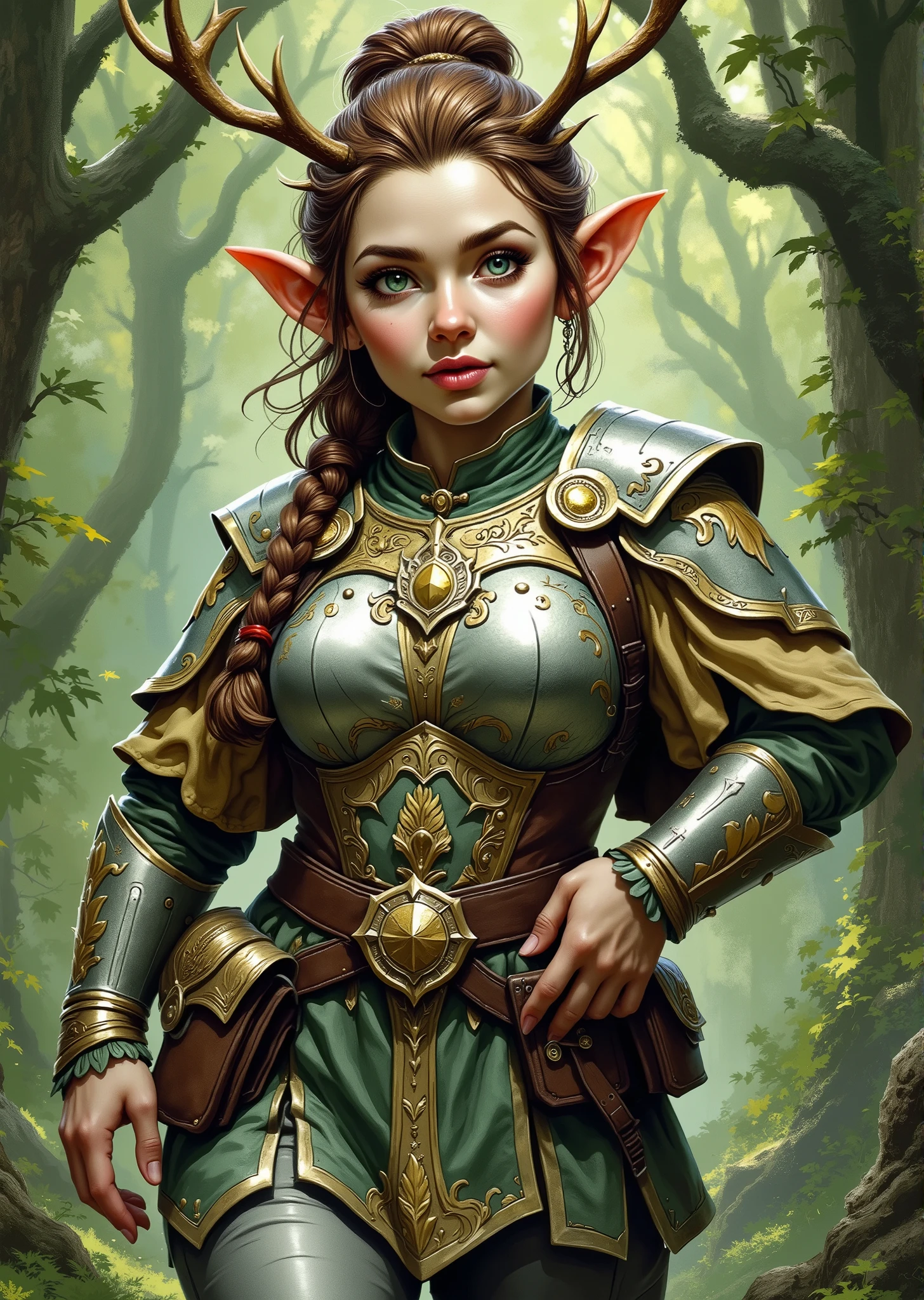 An extremely detailed comic book illustration of a stunningly beautiful extremely curvaceous Gnome from Dungeons and Dragons petite magical folk with big eyes and pointed ears created by gods of invention and illusion seldom seen by other folk due to the gnomes' secretive nature and their propensity for living in forests and burrows making up for their small size with the cleverness trained as a Dungeons and Dragons Paladin who has sworn the Oath of Ancients whose source of power turns a devout warrior into a blessed champion mastering a variety of weapons and armor secondary only to their magical power they wield the power to heal the injured smite the evil and protect the helpless living their lives on the front line against the cosmic struggle against annihilation swearing always to cherish the light and love the beautiful and life giving things of the world adorned with a suit of light armor that combines metallic and natural elements featuring a shimmering leaf-patterned design crafted to resemble the textures of bark and foliage suggesting a harmonious relationship with nature with a decorative headpiece that incorporates antler-like extensions and leaves a fitted breastplate complemented by an overlay of rich fabric that drapes elegantly over the shoulders adorned with intricate embroidery that mimics vines and flowers adding to the outfit's organic aesthetic her arms are protected by gauntlets that match the armor’s theme with leaf-like motifs while a wide ornate belt cinches her waist featuring pouches detailed with engravings that reflect the natural motifs of the outfit with fitted trousers that are practical for movement with her hair styled in a way that incorporates natural elements such as leaves or flowers in an art style inspired by Frank Miller and Conan the Barbarian. The Background is awash in textured brushstrokes of natural forest shades. Standing in a dynamic action pose. Trending on Art Station.