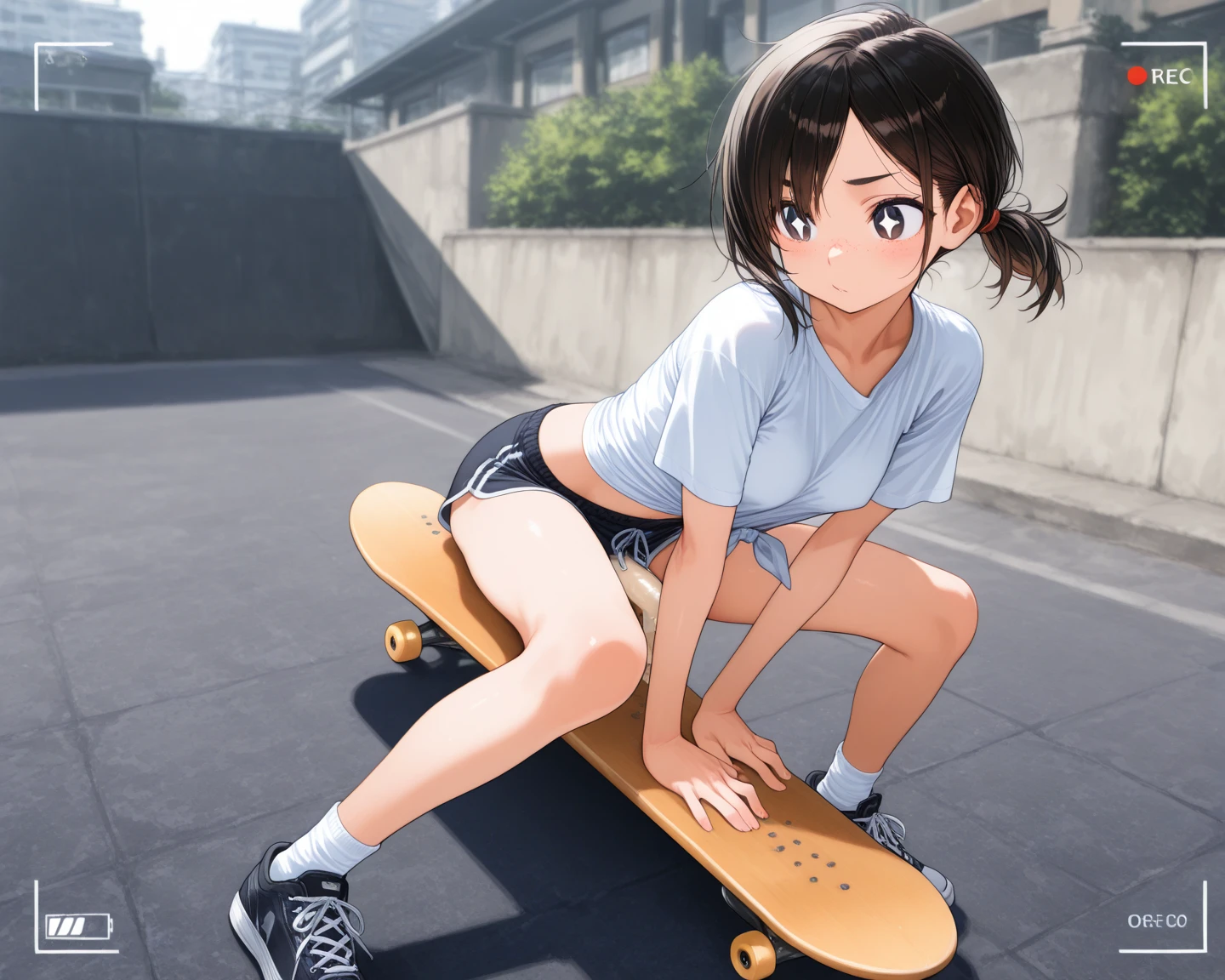 Highest quality, 8k, Junior high school girl, long brown hair, small Breasts, Horizontal bar, Forward upward circling, Lift your legs, Horizontal bar にぶら下がる, T-Shirts, Denim shorts, black knee high stockings, playground