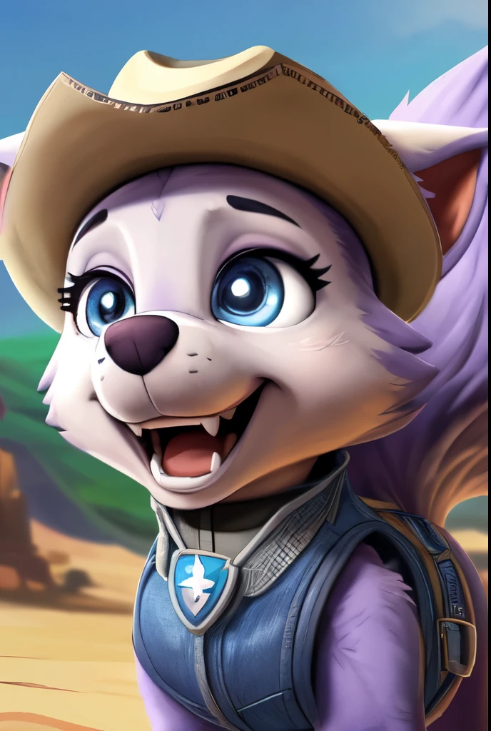 Everest, ((Paw Patrol)), ((female solo)), domestic dog, female, adult female, (blue eyes:1.45), (purple fur:1.25), ((lavender body)), (feral2.25), (quadruped:2.25), (wearing blue denim vest:1.85), (wearing cowboy hat:1.55), ((sharp teeths)), (large fangs:1.45), blue eyes, (Shiny eyes:1.6), ((Pixar eyes)), perfect eyes, ((glowing eyes)), (hyper realistic:1.65), long fluffy tail, very large tail, tail up, very furry and fluffy, ((very large fangs)), perfect ligthing, (wild west background:1.25), ((many hearts all over the screen)), (front view:1.25), ((seductive break)), (rajii:1.1) (dimwitdog:1.1), (thesecretcave:1.25), (cooliehigh:1.1), (miles-df:1.1), (complextree:1.1), (pixelsketcher:1.1), (foxovh:1.1), (zaush:1.1), (avante92:0.70), (meesh:1.1), (inu-sama:0.80), (cervina7:1.1), (F-R95:0.70), (R-mk:1.1), (xpray:1.1), (standing tall:1.65), (large fluffy tail:1.65), (close up to face:1.20), (joy expression:1.45), (some muscles:1.25), (strong female:1.25), everest-pp
