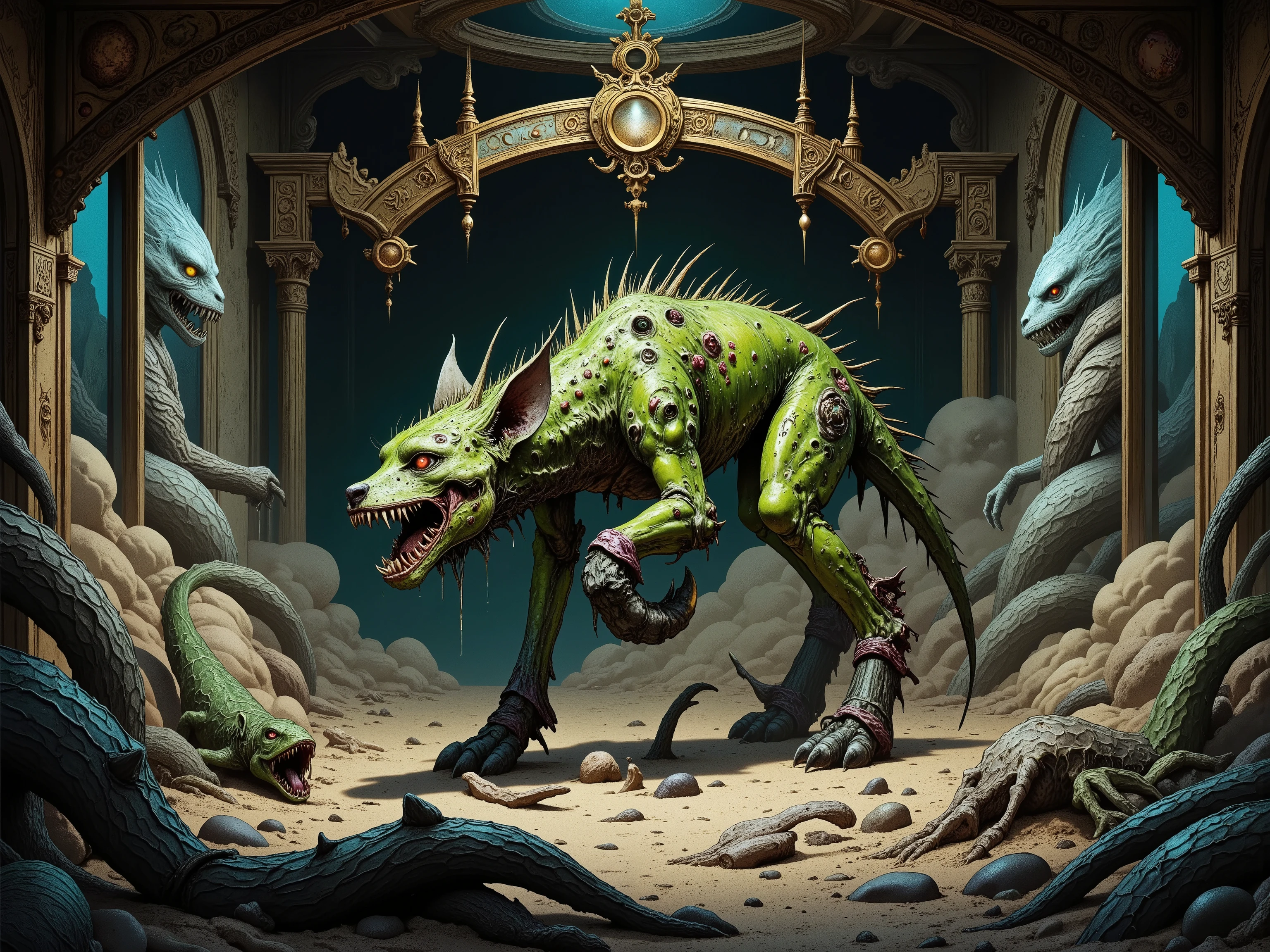bone and glass amd blood made hyena with a lizard's tail and human feet with massive claws, green pus-covered skin , thousands of eyes cover its body , in a desert, ultra-saturated colors