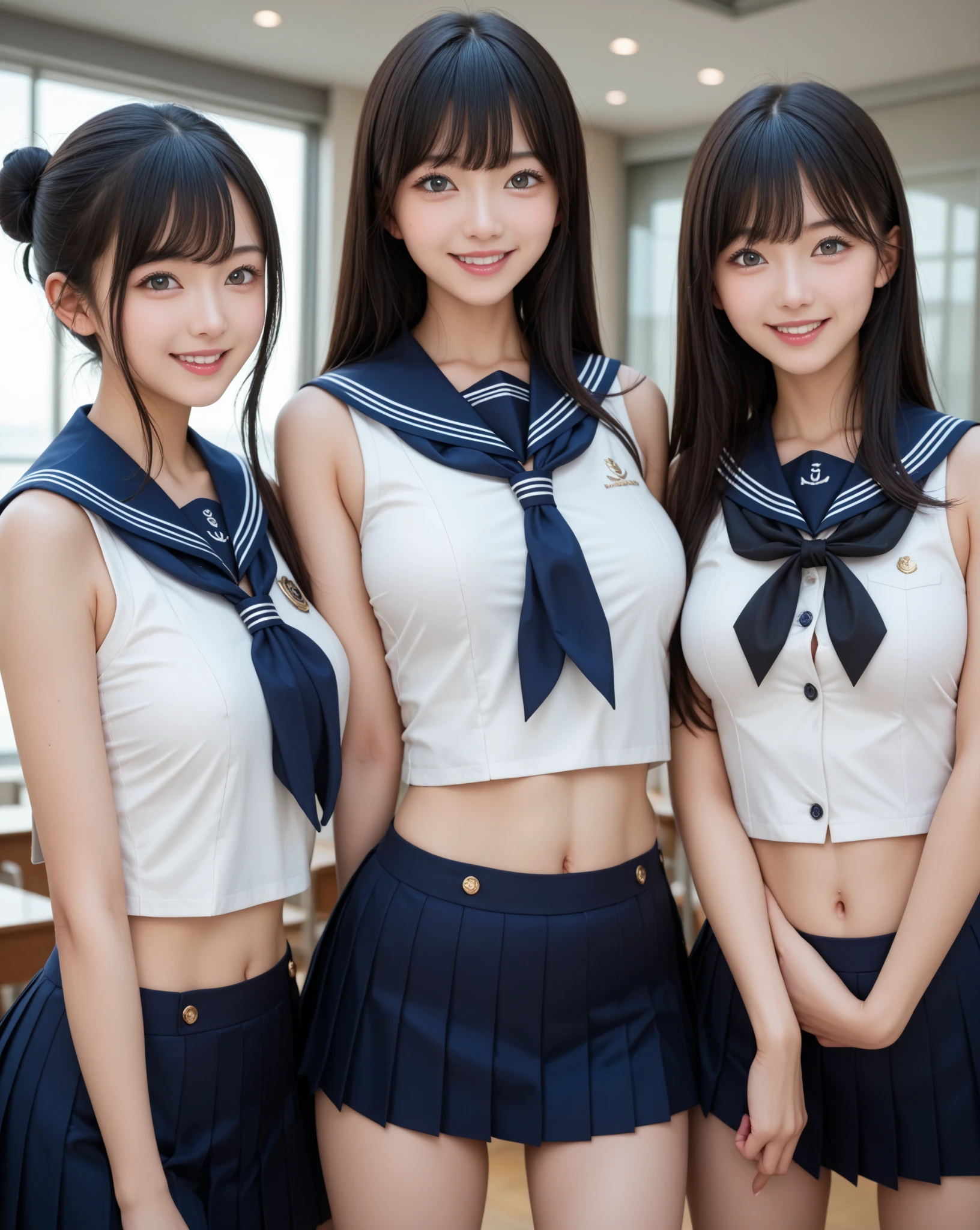 100 Girls,Crowded, Long Hair, Brown Hair, sexy, A row of girls, Girls standing in a row, Girls only, Sisters, ((uniform。Sailor suit、mini skirt)),Full body photo:1.9, Adorable, smile, Slim face, Slim body, Short Brown Hair, 32k, masterpiece, Best image quality,Ultra-high resolution,Perfect hands,Black Choker、blue eyes、bangs、Very numerous and very long eyelashes, Lots of girls、 Dependents, Fully booked, Big Breasts、classroom