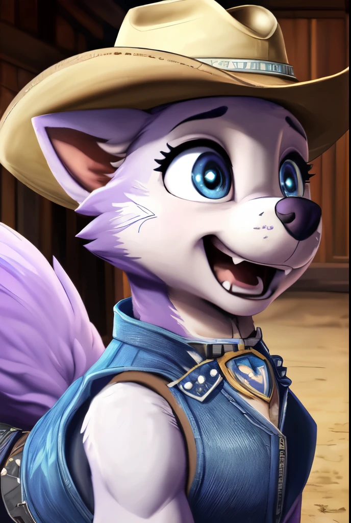 Everest, ((Paw Patrol)), ((female solo)), domestic dog, female, adult female, (blue eyes:1.45), (purple fur:1.25), ((lavender body)), (feral2.25), (quadruped:2.25), (wearing blue denim vest:1.85), (wearing cowboy hat:1.55), ((sharp teeths)), (large fangs:1.45), blue eyes, (Shiny eyes:1.6), ((Pixar eyes)), perfect eyes, ((glowing eyes)), (hyper realistic:1.65), long fluffy tail, very large tail, tail up, very furry and fluffy, ((very large fangs)), perfect ligthing, (wild west background:1.25), ((many hearts all over the screen)), (front side view:1.25), ((seductive break)), (rajii:1.1) (dimwitdog:1.1), (thesecretcave:1.25), (cooliehigh:1.1), (miles-df:1.1), (complextree:1.1), (pixelsketcher:1.1), (foxovh:1.1), (zaush:1.1), (avante92:0.70), (meesh:1.1), (inu-sama:0.80), (cervina7:1.1), (F-R95:0.70), (R-mk:1.1), (xpray:1.1), (standing tall:1.65), (large fluffy tail:1.65), (close up to face:1.20), (joy expression:1.45), (some muscles:1.25), (strong female:1.25), everest-pp