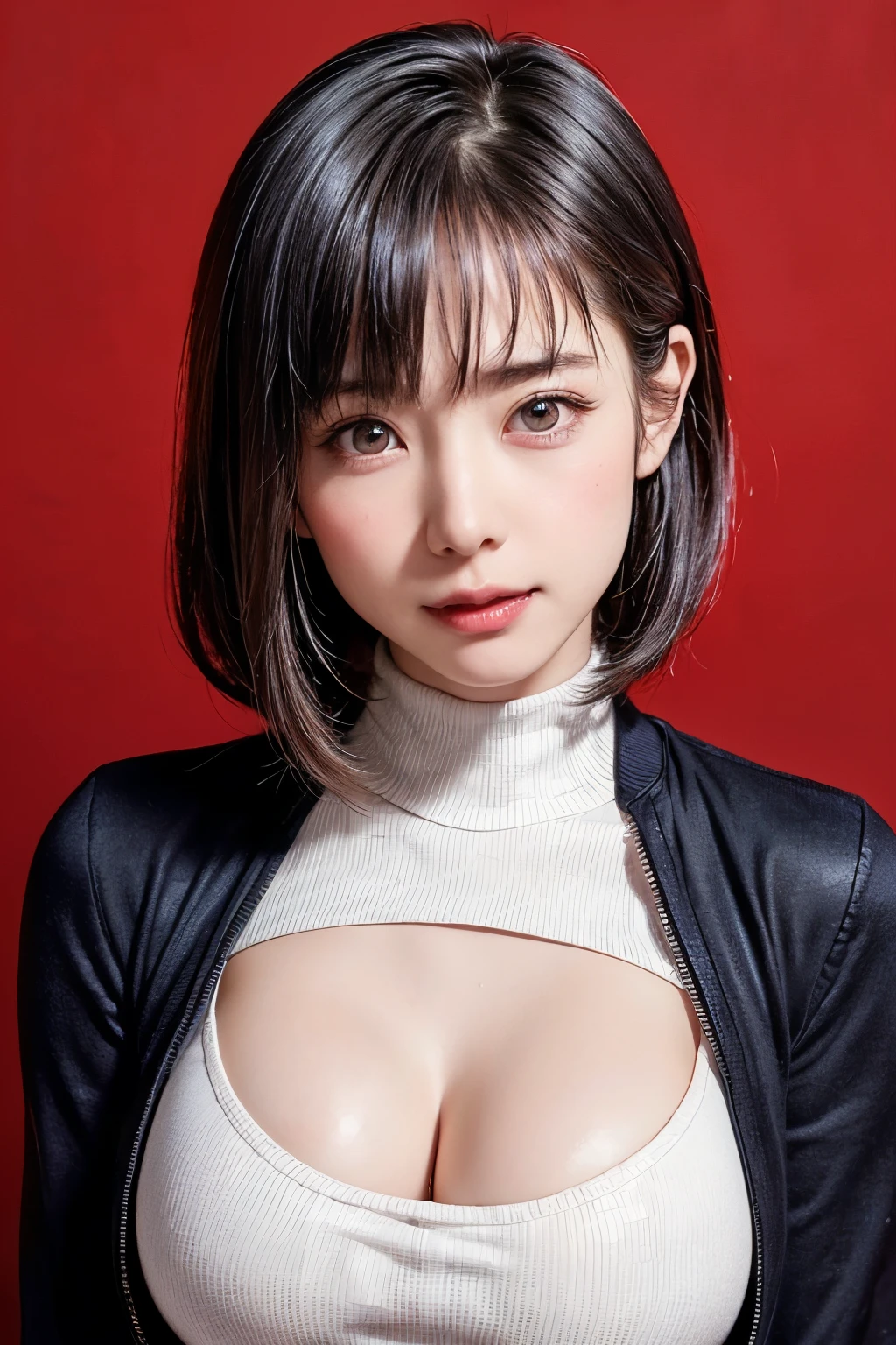 (((forehead、Northern Europe、White people、beautiful girl、Black Hair、White background、open jacket、lender)))、table top, highest quality, figure, super detailed, finely, High resolution, 8k wallpaper, Perfect dynamic composition, detailed and beautiful eyes, Deco out,bionde, breasts, Natural color lip,white background, random cute poses,