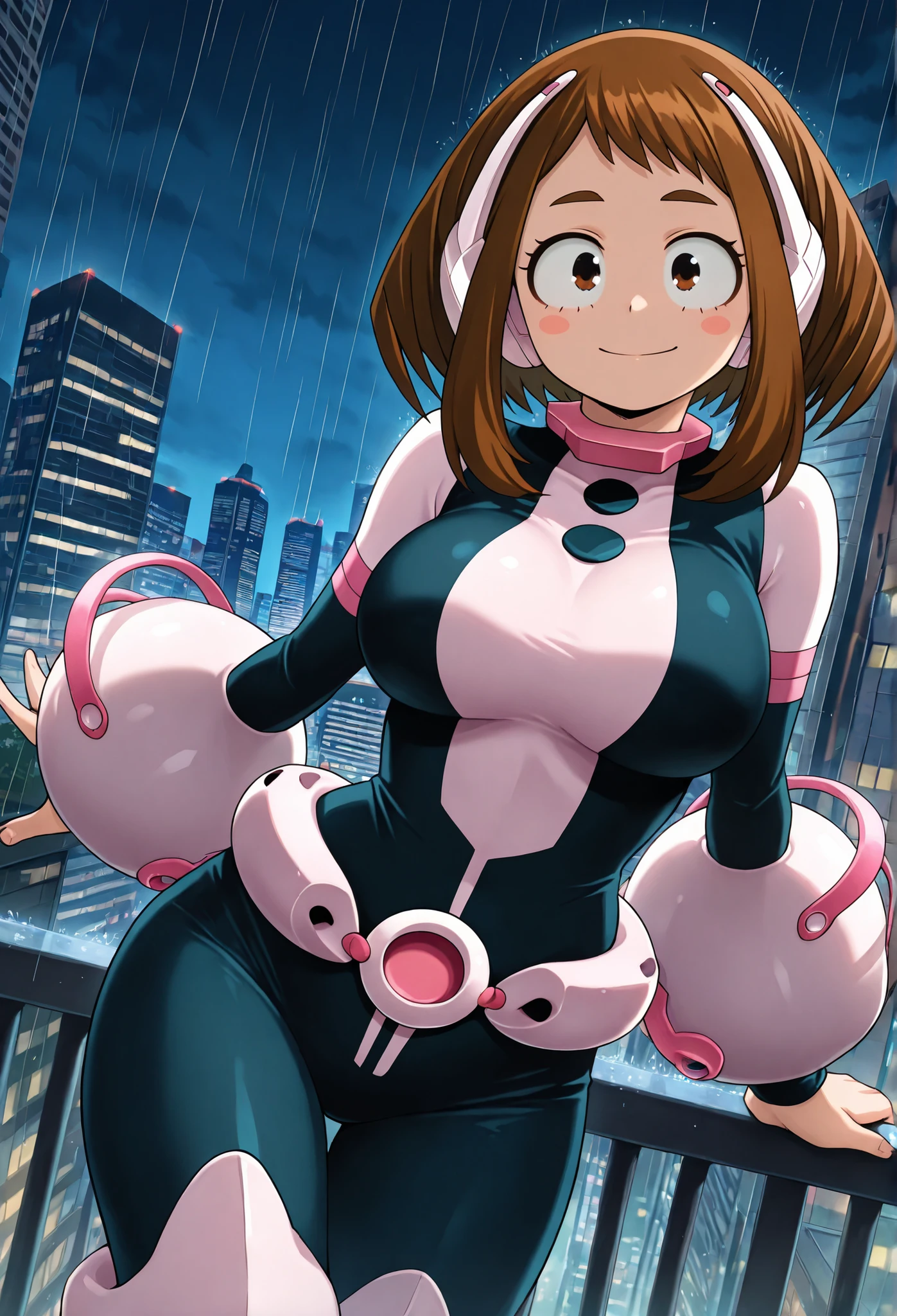 official style, anime screencap, uraraka ochako, 1girl, brown hair, brown eyes, solo, superhero, hero bodysuit, pink wrist guards, closed mouth, contrapposto, extra large breasts, (F65), looking at viewer, Sexy style, Standing on the roof of a skyscraper, night, rain, The metropolis illuminated at night, In the background the city illuminated at night, Looks at the viewer lovingly, extends a helping hand to the viewer, leans on the railing of the skyscraper,