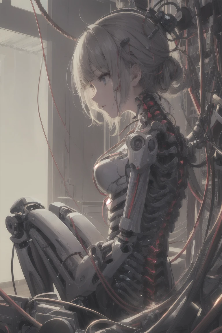 ((((masterpiece))), ((best quality))), ((ultra-detailed)), (CG illustration), ((an extremely delicate and beautiful)),(from side),cinematic light, ((1 mechanical girl)), single, full-body, (machine-made joint: 1.2), ( (mechanical limbs)), (blood vessels connected to tubes), (mechanical spine connected to back), ((mechanical cervical vertebrae attached to neck)), (sitting), forced laughter, (wires and cables around the neck: 1.2), (wires and cables on the head: 1.2) (character focus), sci-fi, extremely thin, colored, the finest white hair, red eyes, in battle, (knotted), (killing), (1 immortal)