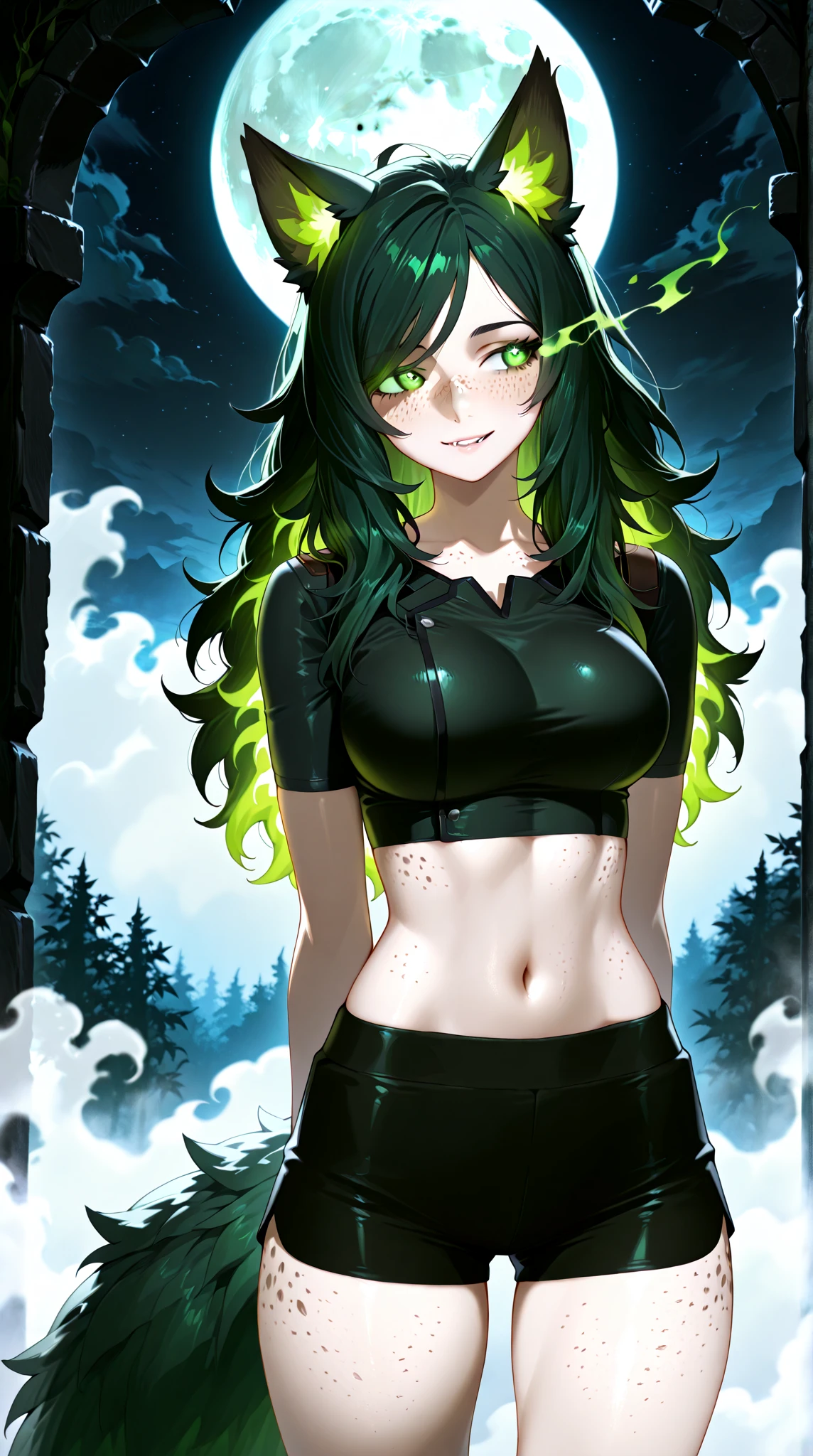 <lora:ricegnat_style:0.8>,((masterpiece,best quality)), absurdres, <lora:GreenGoth_Dim32:0.8>, GreenGoth, green eyes, black hair, goth, black lips, long hair,  thigh boots, black thighhighs, black jacket, fishnets, skirt, green bikini, solo, smiling, smug, looking at viewer, cowboy shot,  green fire, side view, thumbs up,
