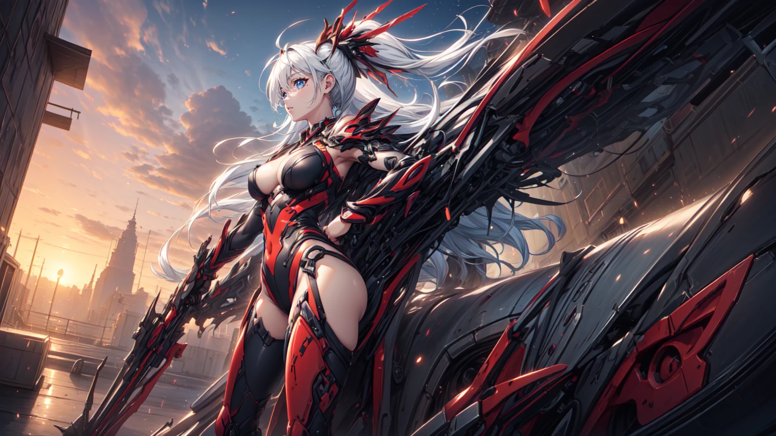 (((masterpiece,Highest quality))),(((A beautiful yet terrifying anime goddess of vengeance, raging in the air with her silver hair standing on end.))),((A battlefield wit? missiles and explosions flying around in a cloudy storm)),(Arms and legs spread),(high quality),アニメ,cyber girl