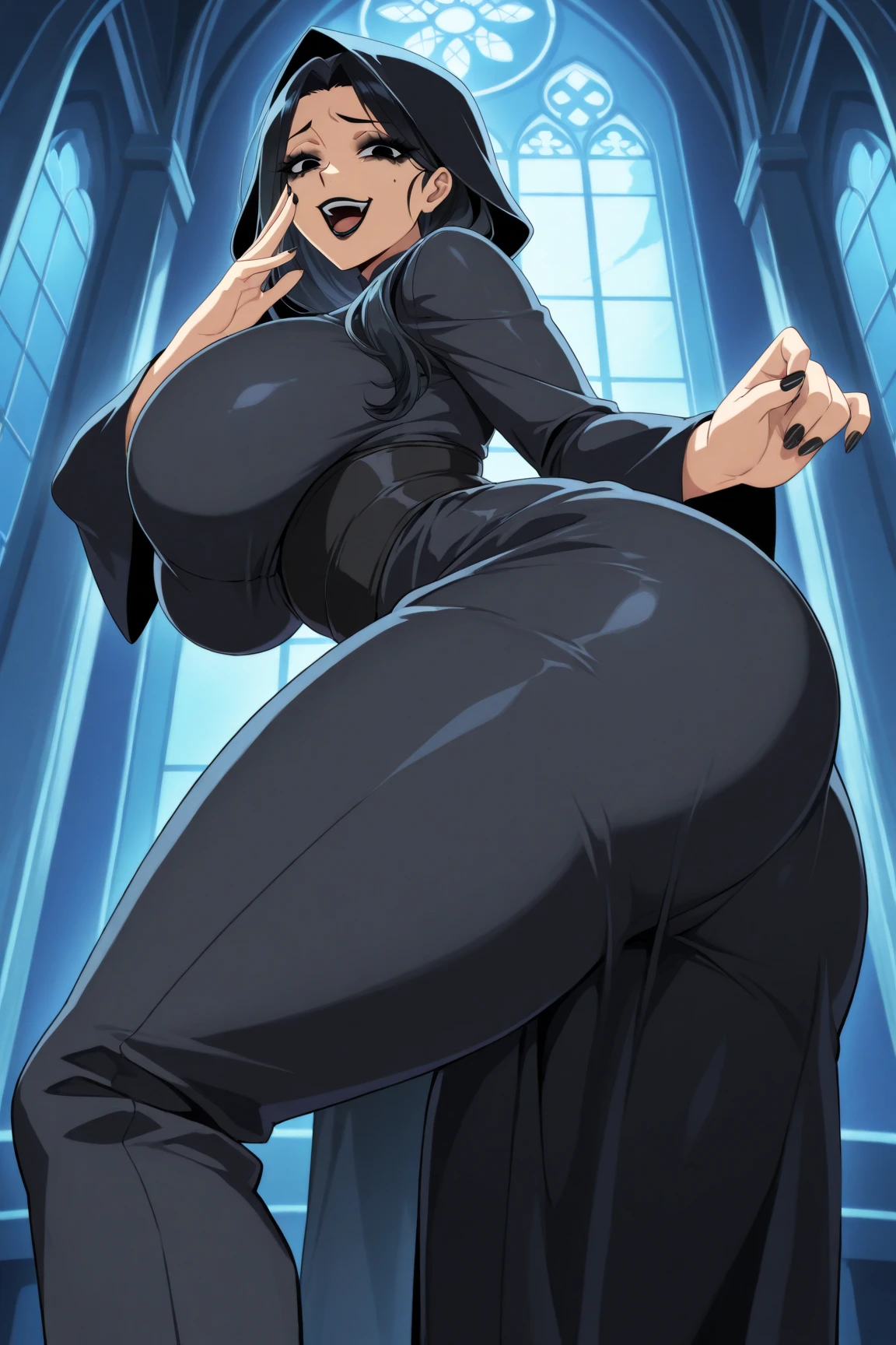High resolution, Hinata Hyuuga, Naruto shipuuden art style, 1girl, ((bimbo))), blue hair, puffy lips, painted lips, thick lips, wide hips, thick thighs, enormous round breast, huge ass, sexy face, shiny skin, breasts squeezed together, enormous huge natural breasts, black latex, emo, choker, goth, fishnet, belts, legs, thick, bitchy, bitchy face, open mouth, hand signs, sexy thick legs, breasts posing, swollen breasts, revealing cleavage, deep v bust,