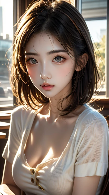 ((masterpiece、highest quality、genuine、Super detailed、High resolution、photogenuineistic、sharp focus、cinematic lighting))、1 girl、bust shot、High brightness、high contrast、face light、receive light from the front of the face、Photogenuineistic portrait of stunningly beautiful woman、extremely detailed light hazel eyes、詳細な対称的でgenuineな顔、Highly detailed natural texture、messy hair、rich colors、超genuineなテクスチャ、looking at the viewer、Easy underwear、detailed hand drawing