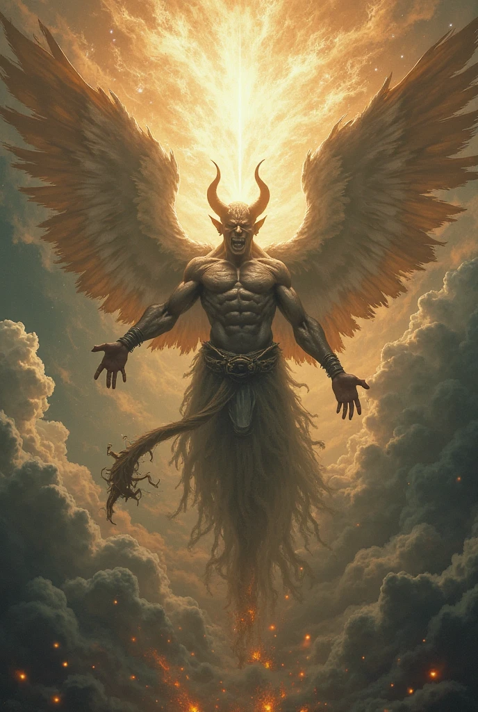 digital painting by rutkowski a horned demon with white angle wings floating between heaven and hell