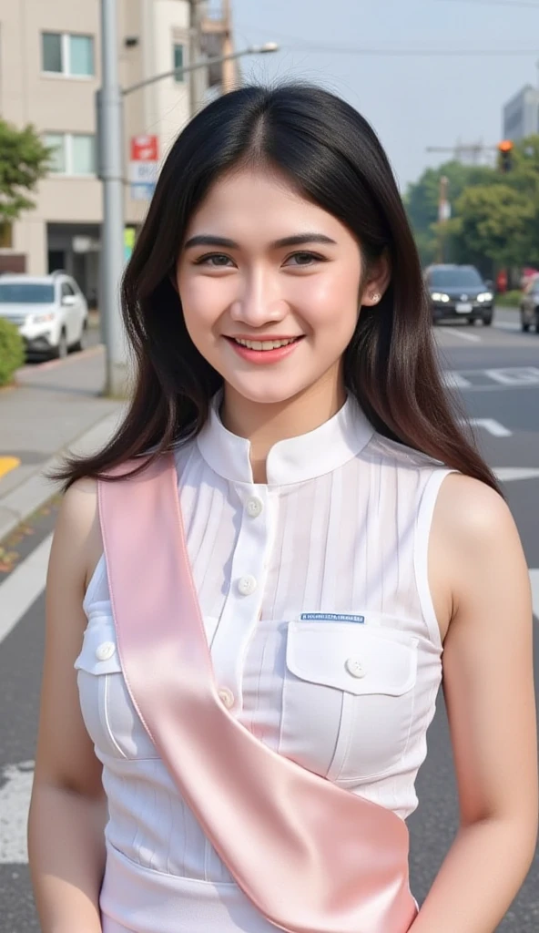 a close up of a woman in a white wet shirt and black short shorts, centre image, sukhothai costume, royal elegant pose, regal pose, mai anh tran, proud look, queen of the sea mu yanling, model posing, with crown, miss universe, pr shoot, top, mid shot portrait, full body photogenic shot, may, proud smile, perfect hands and fingers,