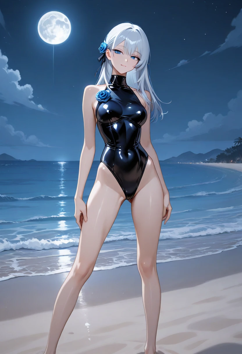 1 girl, elf, silver hair, red eye, swimsuit, seaside, playing by the seaside, concept art, official art, high quality