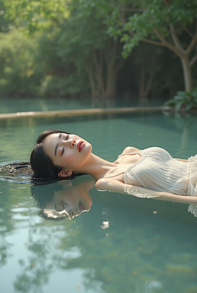 Beautiful Korean woman bathing in swimming pool alone without clothes