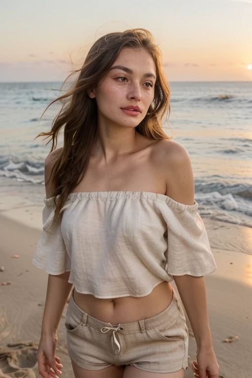 Fille mannequin française devant la mer, tenue sexy et moulante, cheveux au vent avec un coucher de soleil