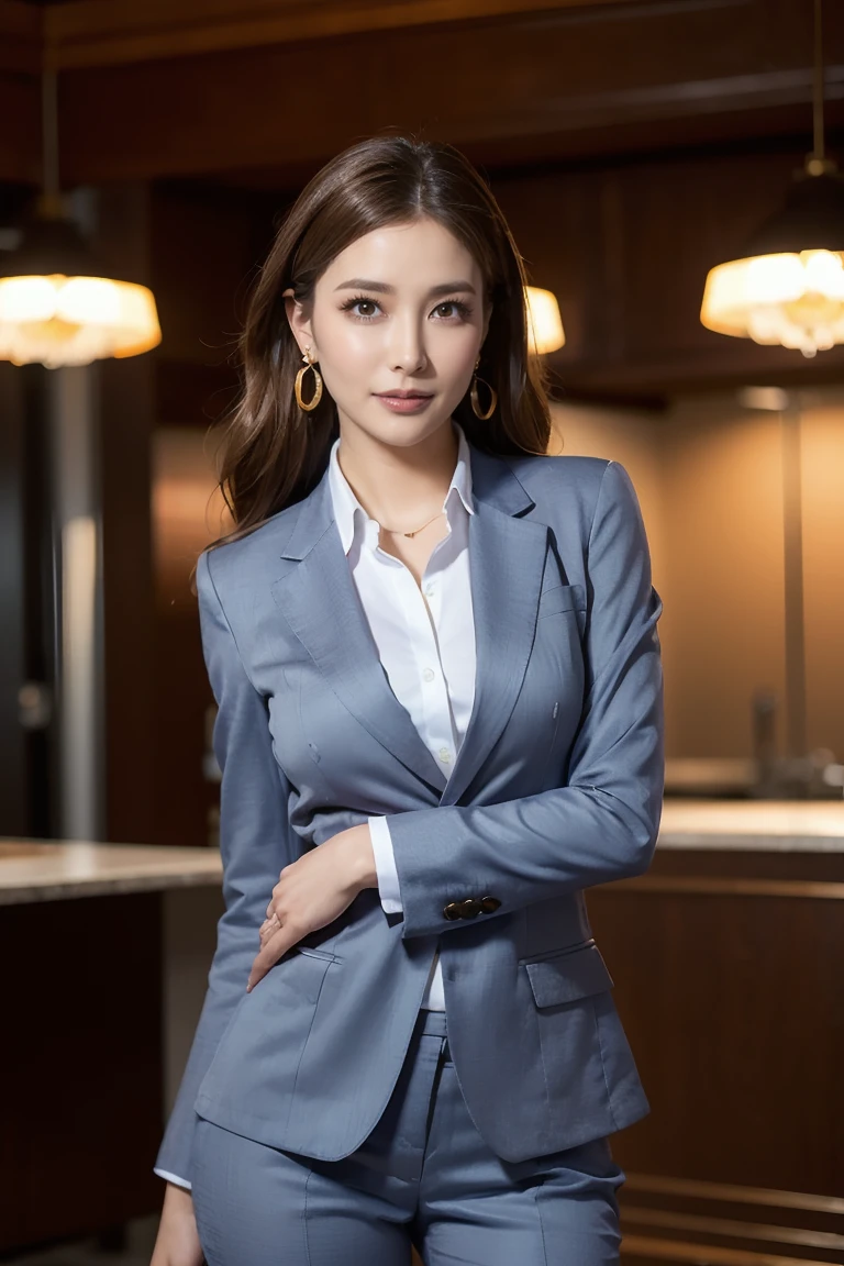 1girl in，Professional dresses，Small suit，Shirt，Long grey hair，full body Esbian，城市，the night，lateral chest，Walk from the front，full body Esbian，conservative professional attire，