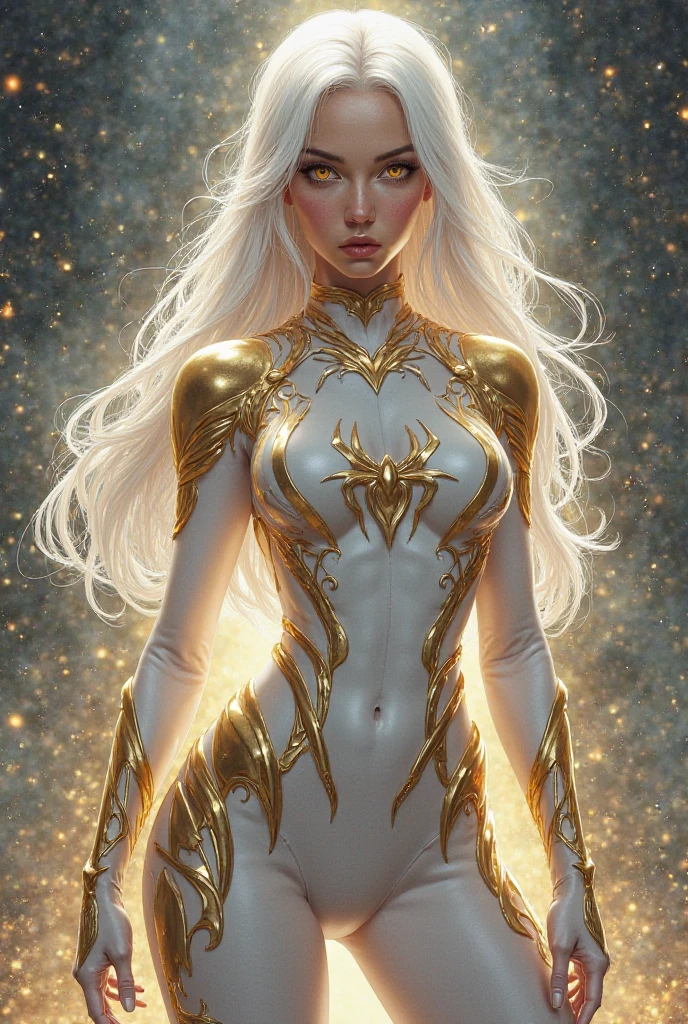 Completely female humanoid，With Nicky Whelan&#39;s face，Standing in a sea of silver particles, Her hair is golden. Her body is decorated with intricate golden spirals and kundalini energy that glows from within.