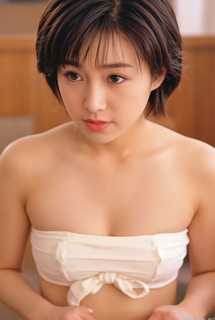 (highest quality, 8K, 32k, masterpiece, UHD:1.2),beautiful japanese women pictures, black haired, very short bob hair,beautiful face,Use natural light and color,break,(A JK wearing a white tank top and white spats who crawls on all fours on a yoga mat in a yoga class),Beautiful woman,No bra,devilish smile,look at the camera,ultra mommy,big ass,My whole body is sweaty,One mole on my chest,Squasana、full body figure