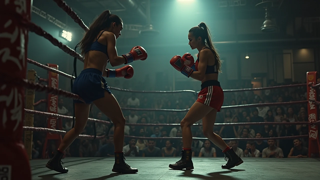 Create the image of a Brazilian boxer, very beautiful, aged 25 years old, dark skin, greenish eyes, long straight black hair, she is wearing black boxing gloves, a red top and black shorts, ultra realistic , 8k