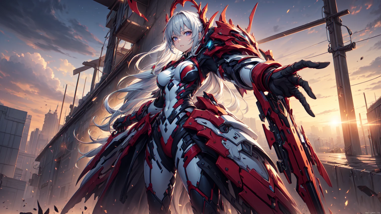 female valkirie knight, full body art, silver hair, white skin, Red eye, knight full plate adorned armor, white cape, perfectly detailed, plasma wings.