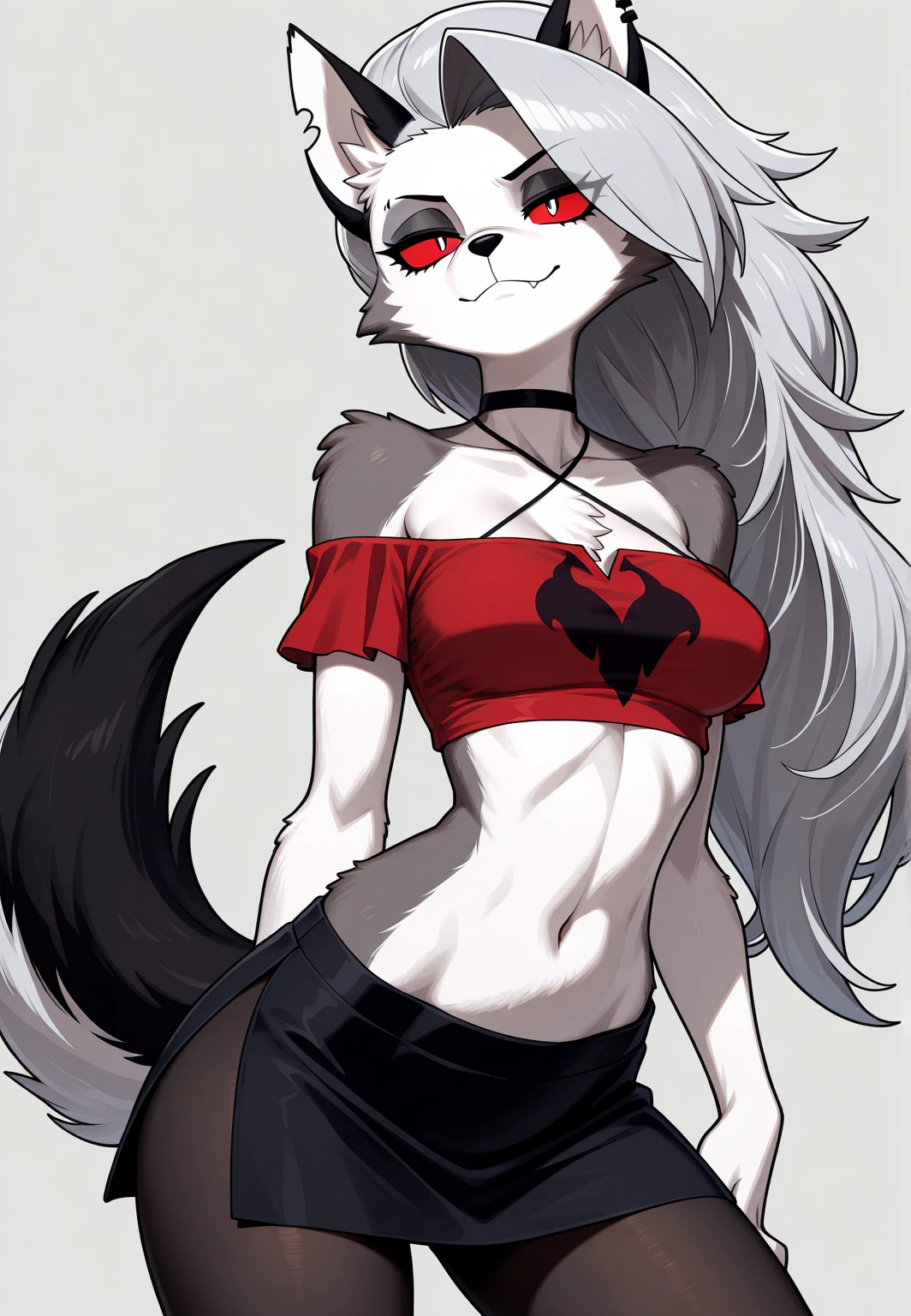1girl, nsfw, ((loona hellhound:1.2)) (furry:1.2), (fluffy:1.1), (anthro:1.2), (snout:1.2), smile, spiked collar, long hair, (loonacroptop:1.1), (slit pupils:1.1, white eyes:1.1, red sclera), alleyway, plants, urban