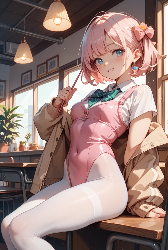 (((open clothes:1.3,areola,bare breasts:1.4,bare nether region:1.5,bare navel,unclad))),photo,hyper realistic,in 8K,masterpiece,dynamic angle,acrobatic posing,professional lighting,high quality,high resolution,detailed background,18yo:1.2,detailed black eyes:1.1,best hands:1.2,facing forward,pefect anatomy,correct anatomy,character focus,(1 cute girl:1.2,public hair:1.6,small chest:1.3, long sleeve costume:1.2),(wearing knee socks with ribbon:1.3),(Inside crowded coffee shop:1.6,counter table,sit on a chair:1.2,spread legs wide:1.5),slim,skinny,shorty,small body,tiny,skinny,slim,glistening skin,having fun,smile,nene_kimono, short hair, hair bow, japanese clothes, white shirt, bare shoulders, floral print