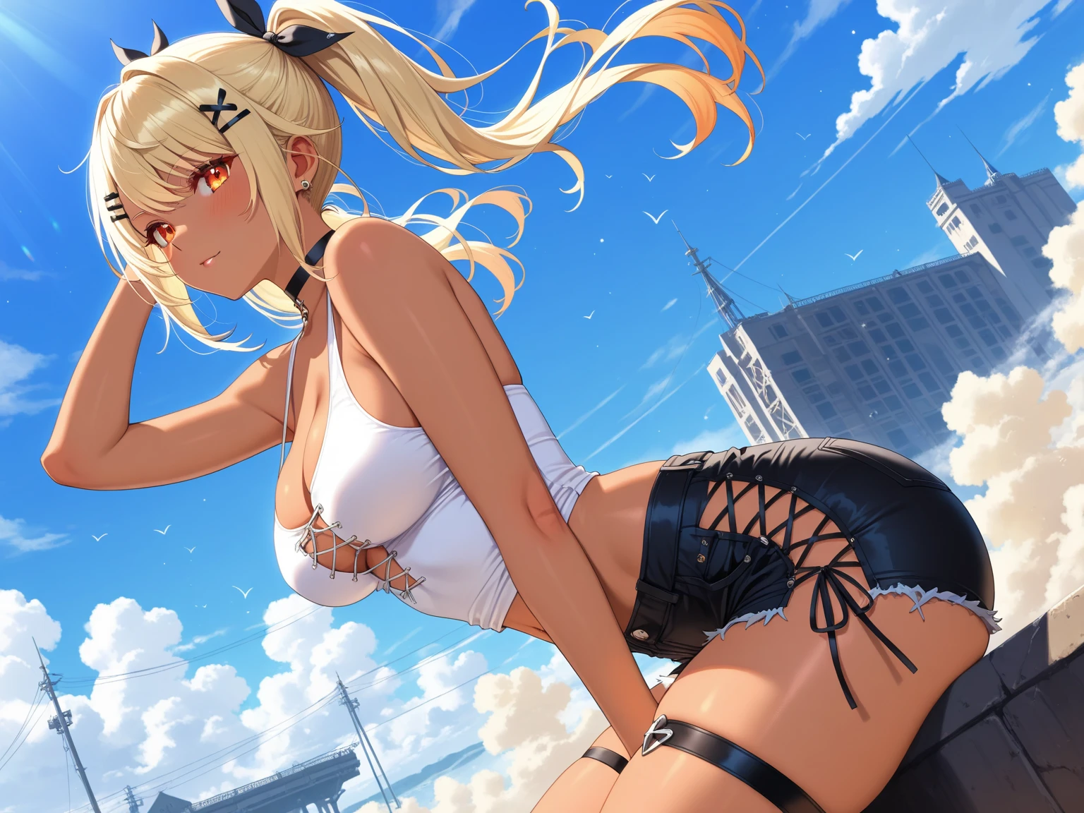 Official Art, masterpiece, Be focused, (beautiful, Beautiful and cute Korean woman:1.3), (Beautiful and cute Korean:1.3), Korean beauty, 精致beautiful头发、Eyes and face, Practical, Super detailed, beautiful女孩, Blue sky, Glowing white particles, (Side Light:1.2), Sunlight, White Cloud, Detailed clouds, Slim, Such a cute big ass, Smile with teeth bared, ((Smile with your eyes, Open your eyes)), landscape, Long and straight hair, sexy facial expression, architecture, (city View:1.7), Dynamic Hair, very Long and straight hair, Delicate platinum-blonde hair, Green Eyes, Black skirt, , Pale skin, Hair accessories, epic landscape,,White high heels,Nice ass,beautiful buttocks,There'There's nothing under the skirt..,weight loss