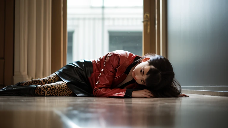 there is a woman in a red dress and black stockings on a rug, by Nan Goldin, inspired by Nan Goldin, guy bourdin, in style of nan goldin, araki nobuyoshi, winona ryder in repose, mila jovovich as spiderwoman, left eye red stripe, by Cindy Sherman, lascivious pose, hellmut newton