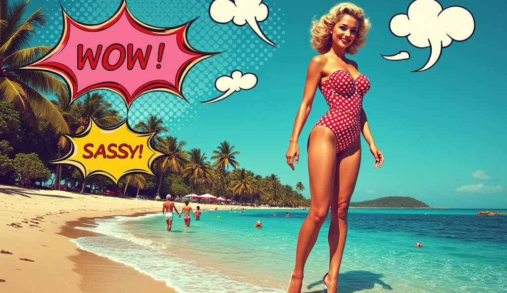 Woman posing like Marilyn Monroe over subway grate, skirt blowing up - pop art style. Red polka dot bikini top, blue background