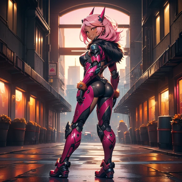 Tempest Shadow, Tempest Shadow from My Little Pony, Tempest Shadow in the form of a girl, voluminous figure, lush hair, luxurious hair, pink hair, big breasts, voluminous breasts, bulging breasts, elastic breasts, closed breasts, women's boots, in the metropolis, cyberpunk, future, on a motorcycle, sports tight suit