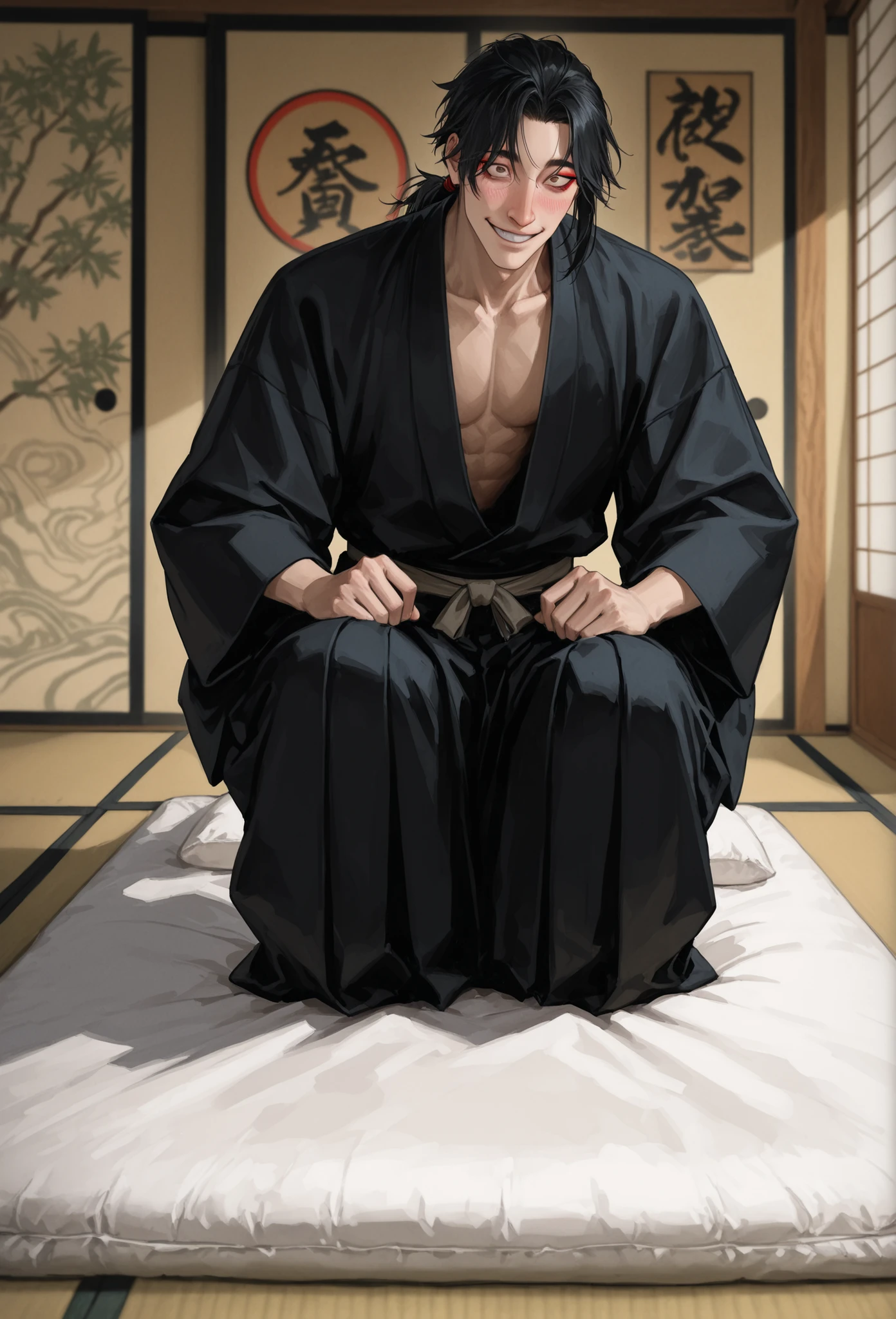 !solo, (((detailed face))) High quality, anime style, semi realism, 18 year old, guy bishounen (photorealism:1.2), ((Handsome)) japanese man, ((big slanted eyes in black)), red eyeliner, round face, (Japanese nose), (low cut in ponytail) black hair, smiling and blushing (looking down to viewer), on futon ((full body)) 8K, High HD, higher resolution, Japanese tatami background