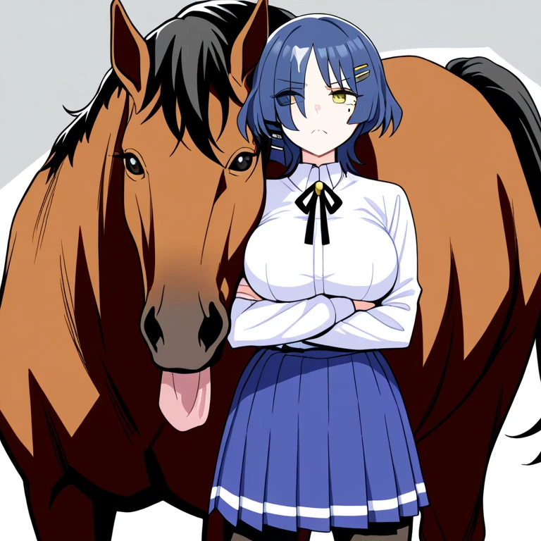 thin girl, naked, black hair, small breasts, shy look, completamente naked, shy attitude, uses two pigtails in her hair, short stature, anime, , hentai, cute, Ahegao, flat tits, next to a big horse
