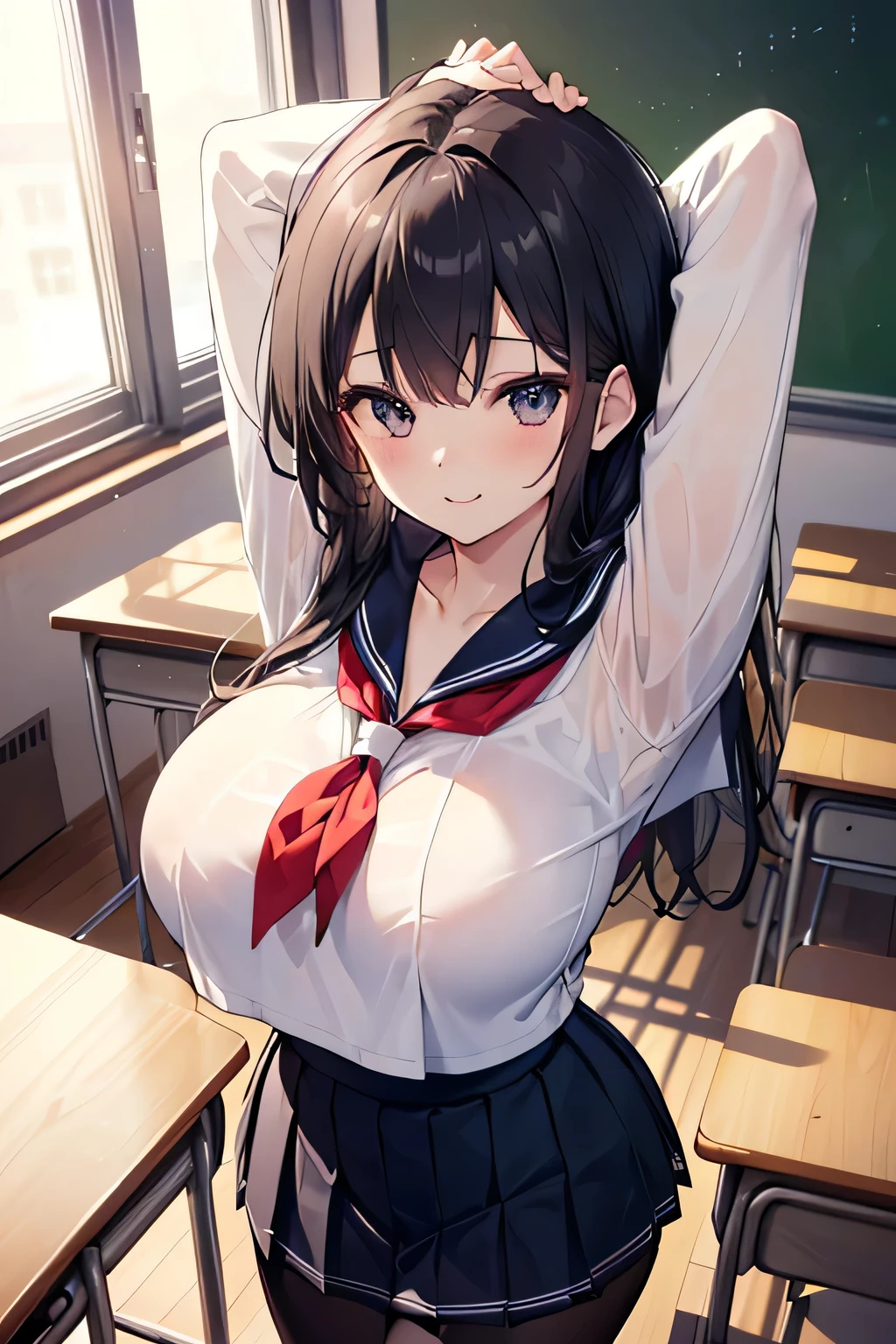 high school girl、Dressed in high 、School classroom、(Big Breasts)、Grinning face、((solo))、smirk