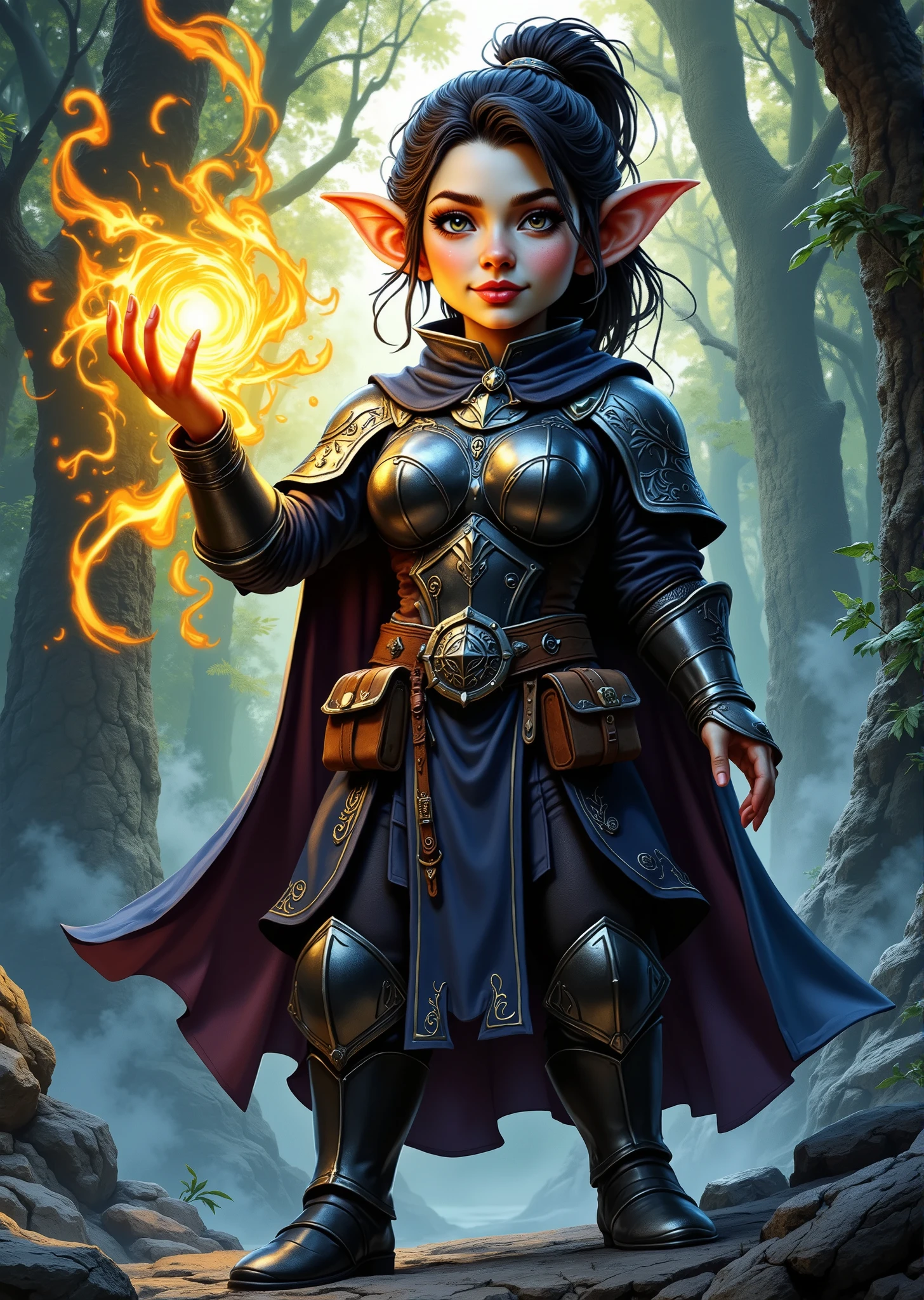 An extremely detailed comic book illustration of a stunningly beautiful extremely curvaceous Gnome from Dungeons and Dragons petite magical folk with big eyes and pointed ears created by gods of invention and illusion seldom seen by other folk due to the gnomes' secretive nature and their propensity for living in forests and burrows making up for their small size with the cleverness trained as a Dungeons and Dragons Paladin who has sworn the Oath of Glory whose source of power turns a devout warrior into a blessed champion mastering a variety of weapons and armor secondary only to their magical power they wield the power to heal the injured smite the evil and protect the helpless living their lives on the front line against the cosmic struggle against annihilation striving always to achieve glory through deeds of heroism and might wearing a fitted dark metallic armor that covers her torso and shoulders with a sleek reflective finish with intricate designs etched into its surface with long sleeves that extend to the wrists crafted from a flexible material that allows for ease of movement a richly colored dark cape that flows elegantly a wide belt cinched at her waist featuring various pouches adorned with ornate buckles matching the intricacy of her armor with her legs protected by segmented armor that mirrors the design of the upper body providing mobility while maintaining a cohesive look with one hand outstretched emanating a magical glow that suggests she is casting a spell or channeling energy with visually dynamic effects swirling with vibrant colors that contrast with her armor and cape with her hair styled in a way that complements her features flowing freely in an art style inspired by Frank Miller and Conan the Barbarian. The Background is awash in textured brushstrokes of brilliant dawn shades. Standing in a dynamic action pose. Trending on Art Station.