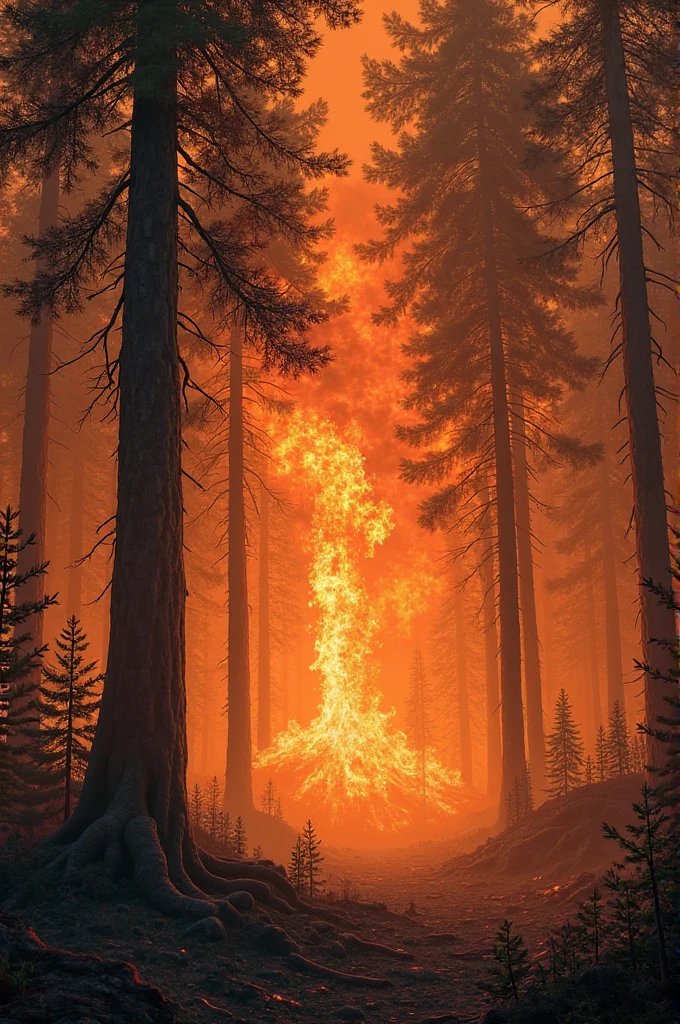 simplistic tattoo concept of a forest bonfire with gray smoke forming a skull during sunset