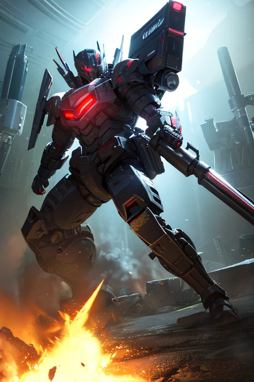 sky, cloud, holding_weapon, no_humans, glowing, , robot, building, glowing_eyes, mecha, science_fiction, city, real, mech, snipe colony with strongest beam and shoot down, double rifle possession, beam funnel strafing, attack, sniper and space colony explodes, humanity's strongest weapon