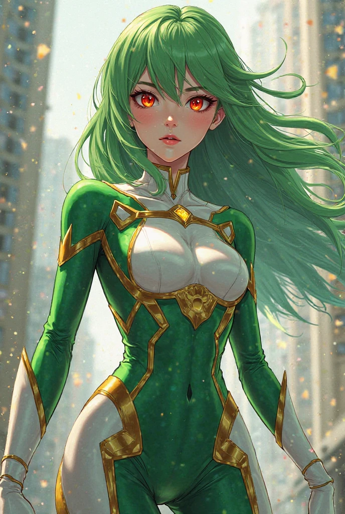 1woman, mature face, superhero, long green hair, green tiara, green leotard, breast cleavage, green pants, green boots, green arm guards